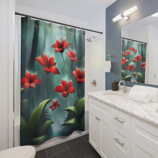 Red Flowers in a Forest Shower Curtain